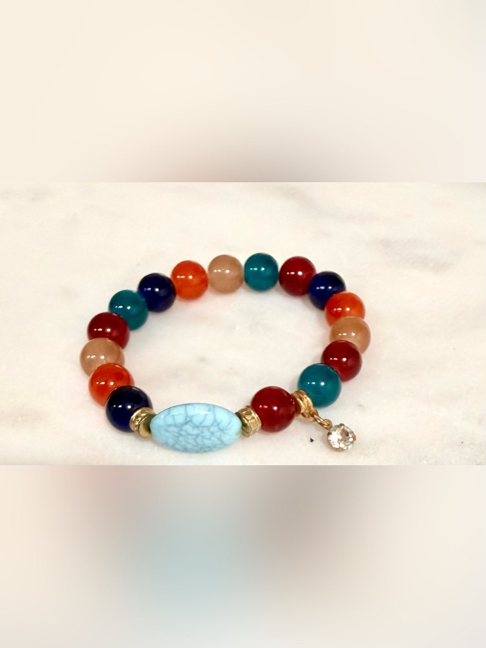 Multicolor Beaded Stretch Bracelet with Turquoise Accent and Gold Charm